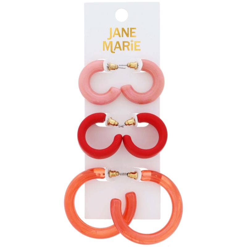 Set of 3, Pink Resin Tubular Hoop & Red Hoops Earrings
