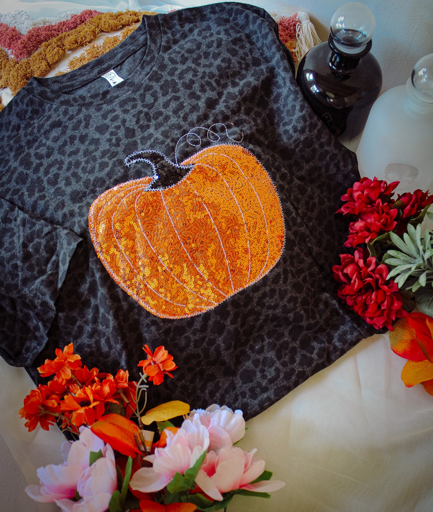 Sequin Pumpkin Black Leopard Short Sleeve