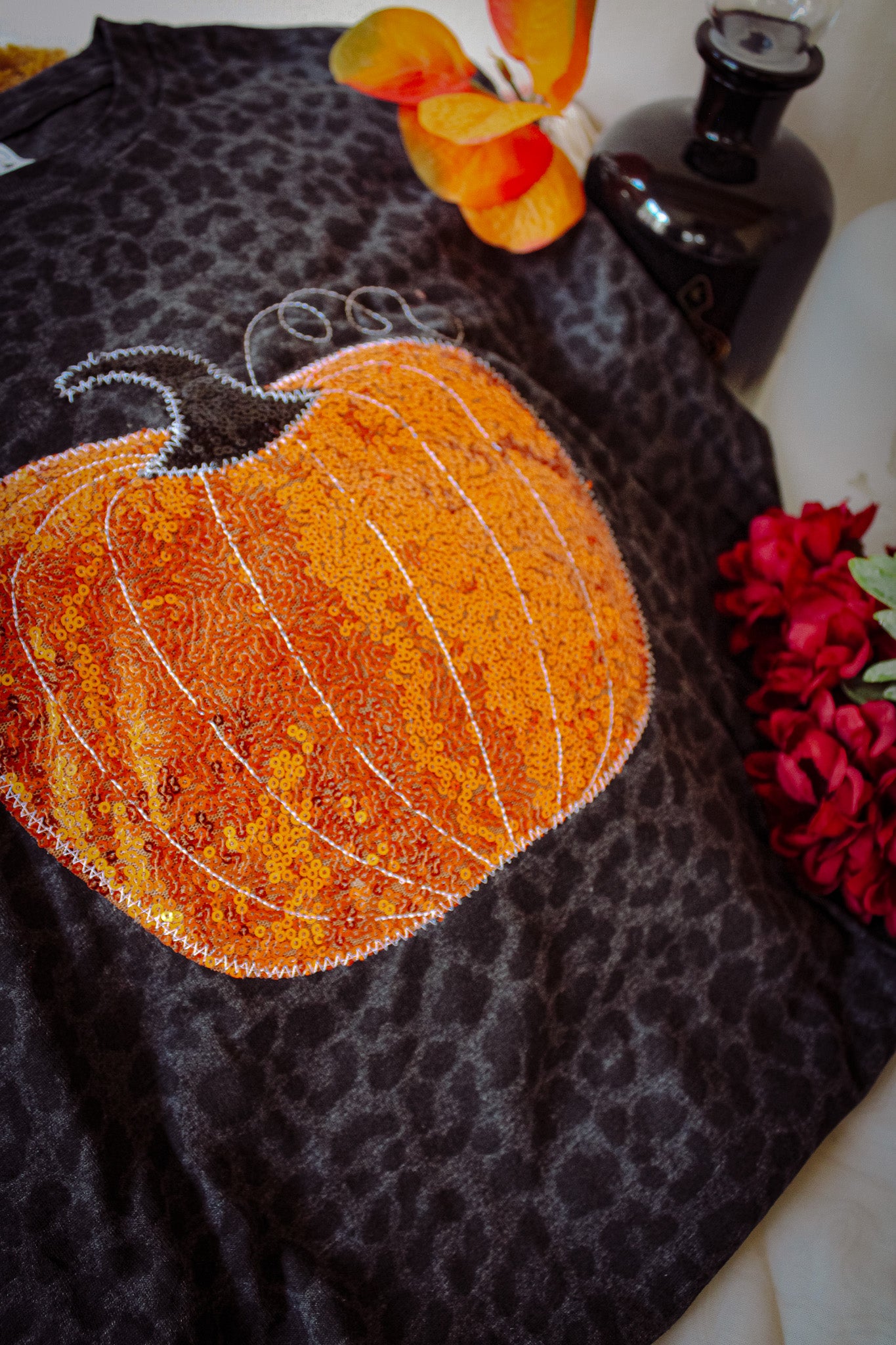 Sequin Pumpkin Black Leopard Short Sleeve