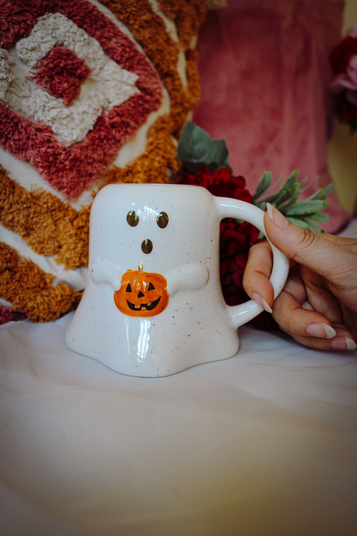 Ghost Shaped Halloween Mug with Pumpkin