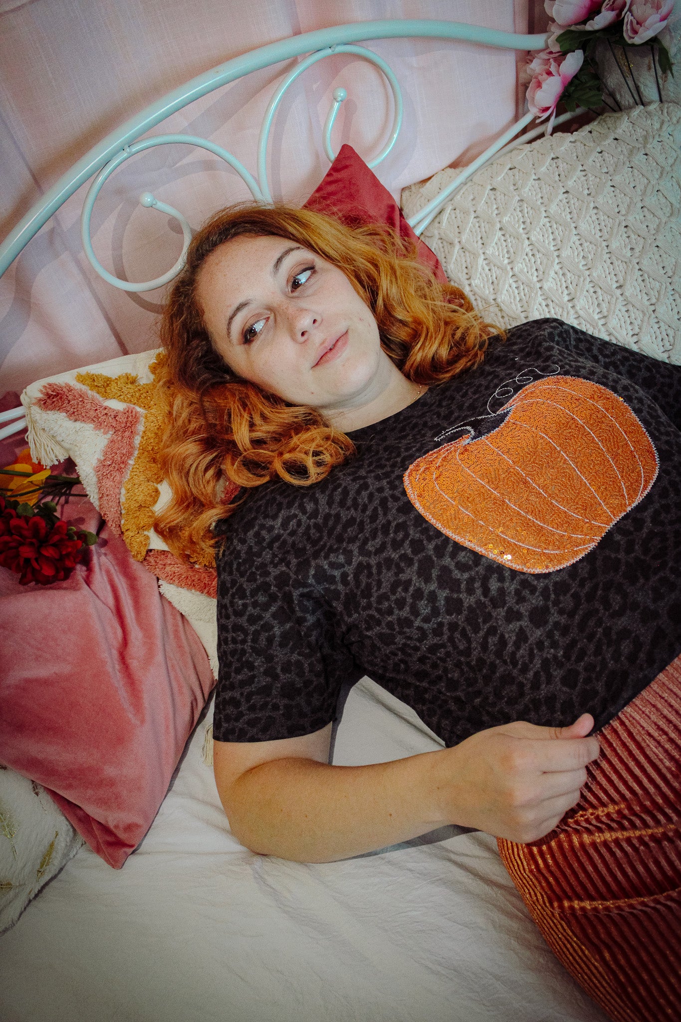 Sequin Pumpkin Black Leopard Short Sleeve