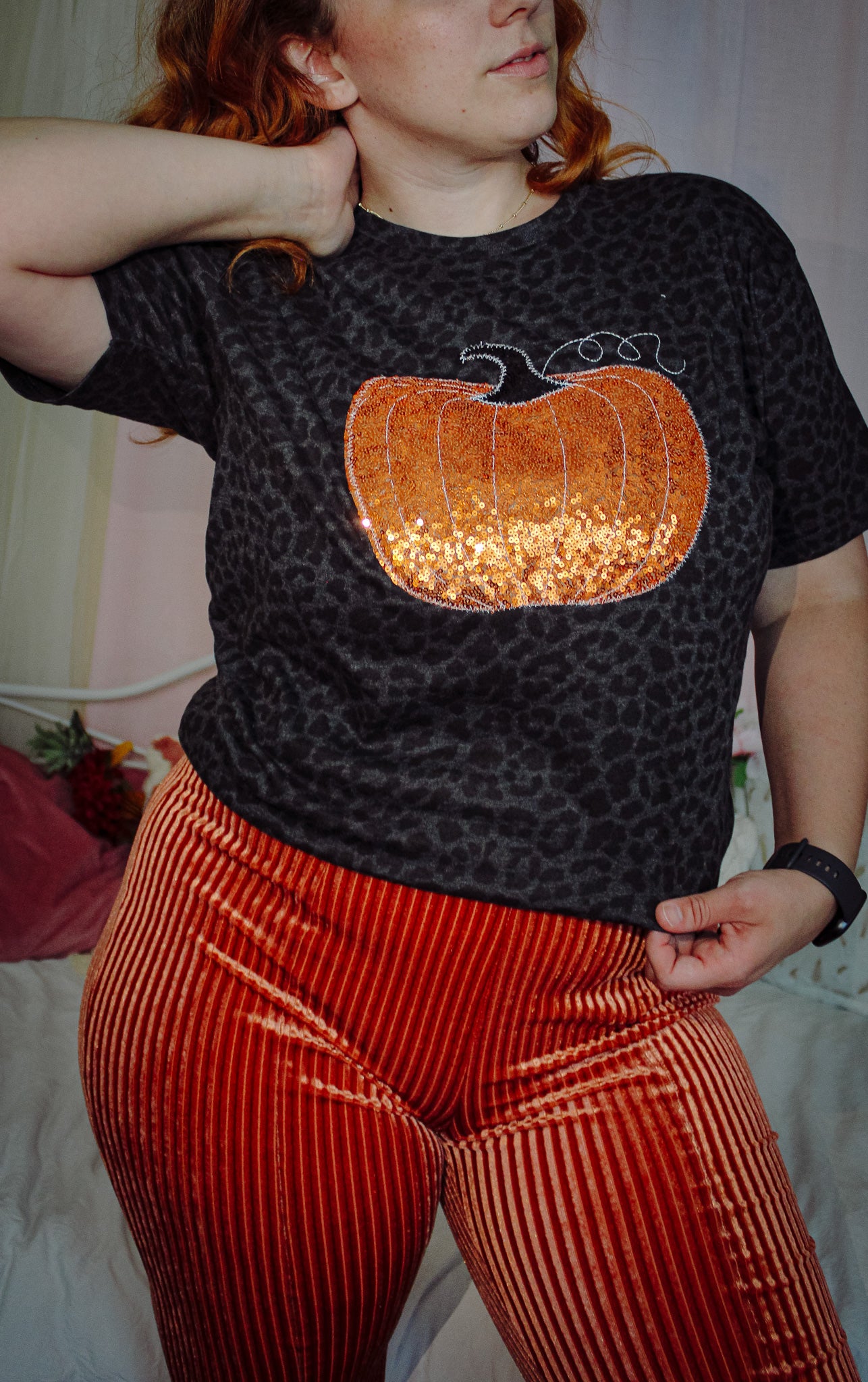 Sequin Pumpkin Black Leopard Short Sleeve