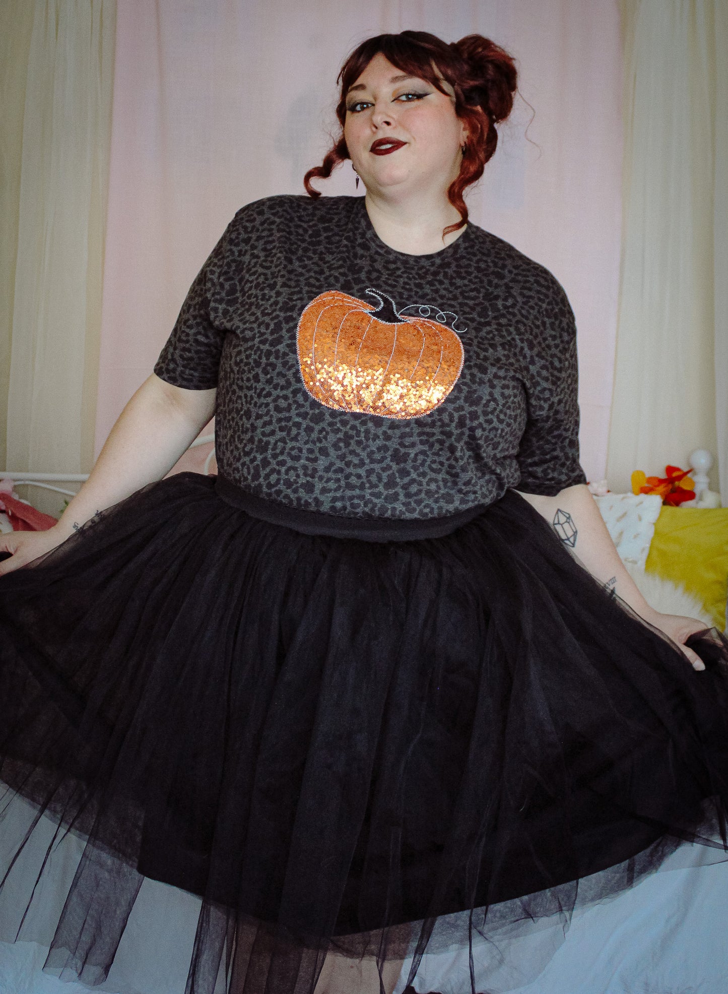 Sequin Pumpkin Black Leopard Short Sleeve